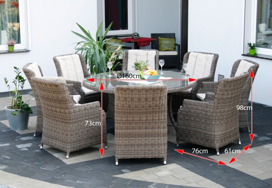 ADRIA S8 Duży Stół Tarasowy Okrągły 160cm i 8x Wygodne Fotele Ogrodowe