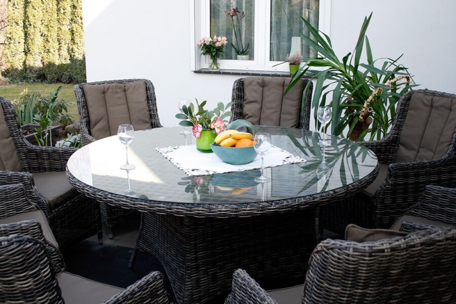 ADRIA S8 Duży Stół Tarasowy Okrągły 160cm i 8x Wygodne Fotele Ogrodowe