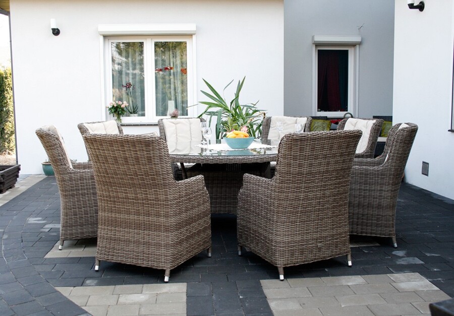 ADRIA S8 Duży Stół Tarasowy Okrągły 160cm i 8x Wygodne Fotele Ogrodowe