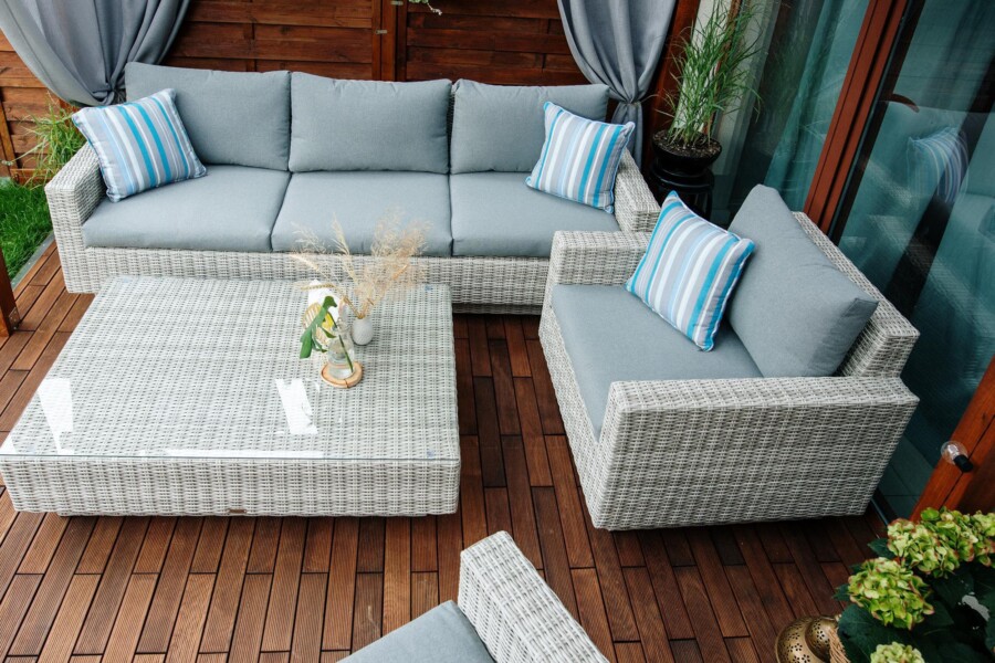 Meble na taras – duża sofa i fotele - CAMPANIA. Zestaw wypoczynkowy na taras z technorattanu