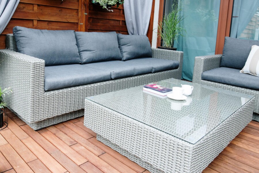 Meble na taras – duża sofa i fotele - CAMPANIA. Zestaw wypoczynkowy na taras z technorattanu