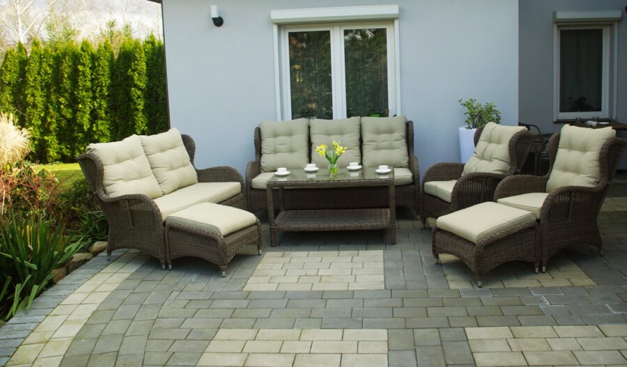 CEZAR PREMIUM Eskluzywne Meble Ogrodowe Technrattan Piękny zestaw Tarasowy z dwoma stolikami