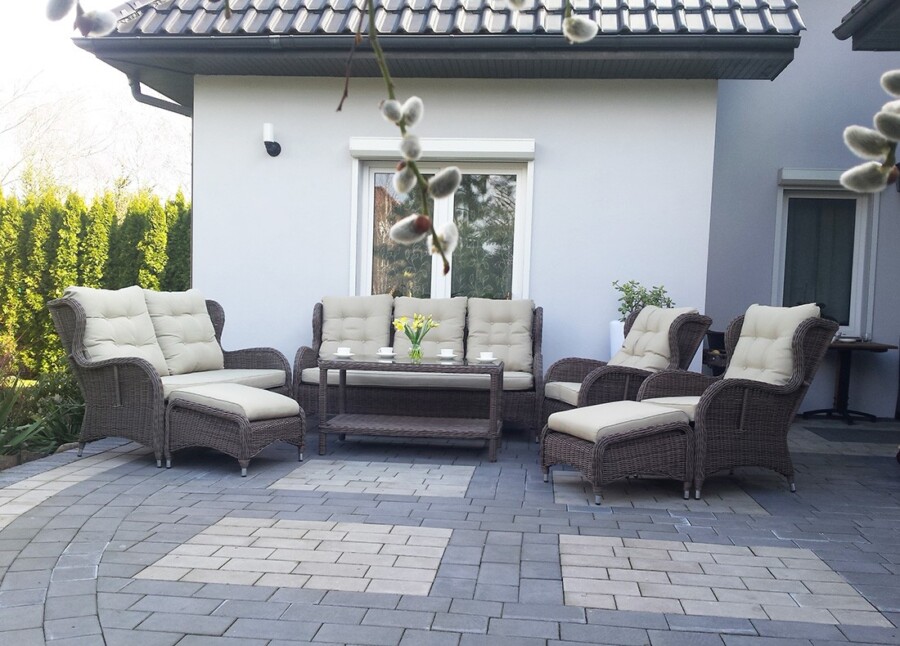 CEZAR PREMIUM Eskluzywne Meble Ogrodowe Technrattan Piękny zestaw Tarasowy z dwoma stolikami