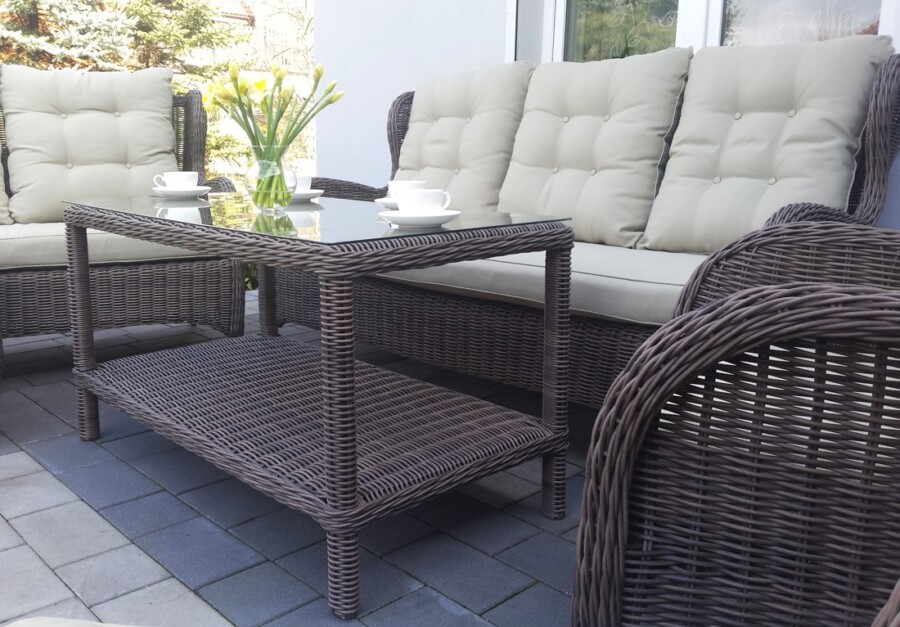 CEZAR PREMIUM Eskluzywne Meble Ogrodowe Technrattan Piękny zestaw Tarasowy z dwoma stolikami