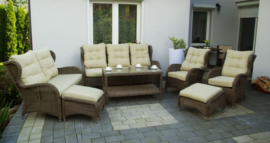 CEZAR PREMIUM Eskluzywne Meble Ogrodowe Technrattan Piękny zestaw Tarasowy z dwoma stolikami