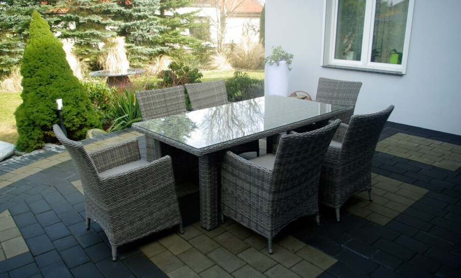 MANILVA 185 Stół prostokątny z Technorattanu i 6 foteli