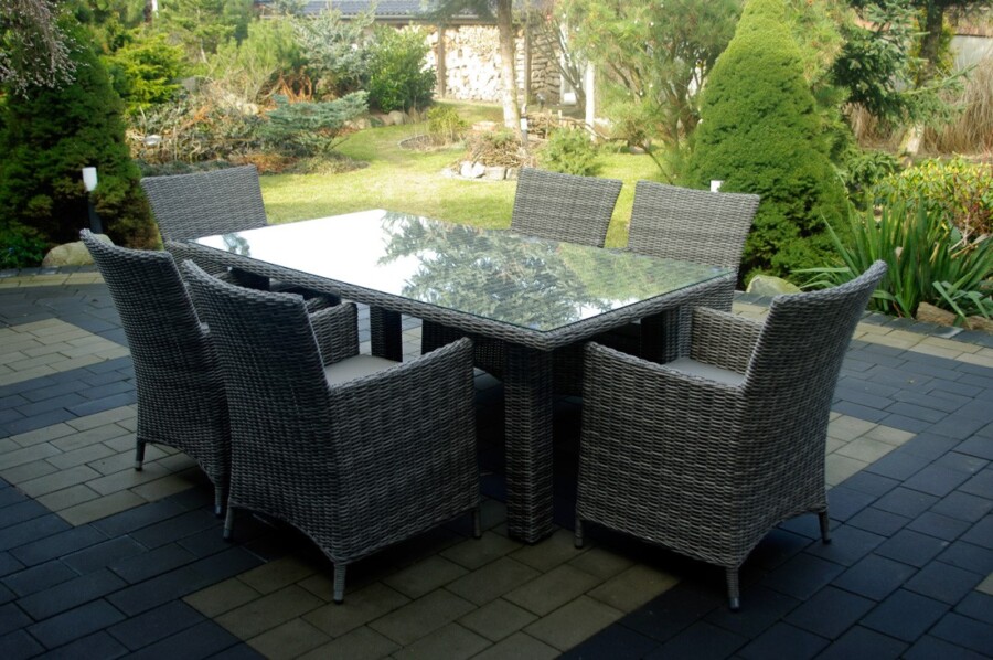 MANILVA 185 Stół prostokątny z Technorattanu i 6 foteli