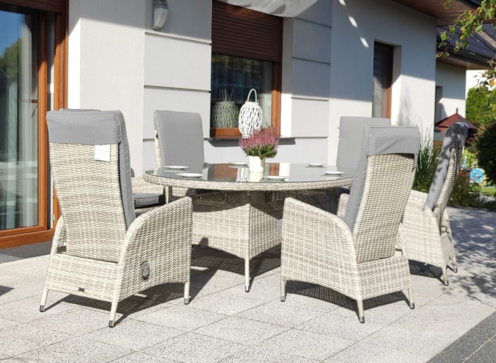 NEAPOL 6 – zestaw mebli ogrodowych z technorattanu: owalny stół 220 × 145 cm i 6 regulowanych foteli