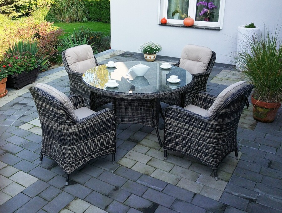 ZEUS 135 Okrągły Stół Tarasowy i 4 Nowoczesne Fotele Technorattan