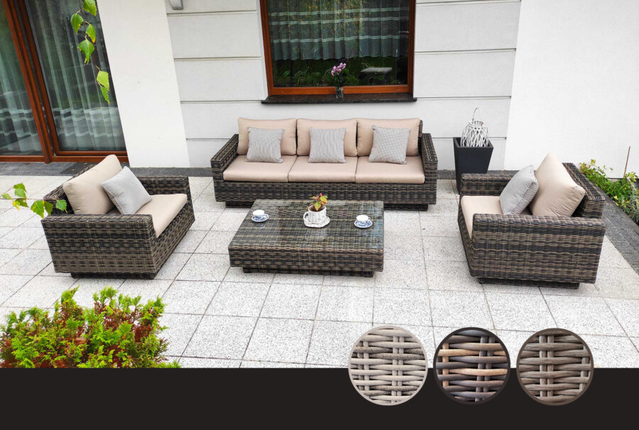 Meble na taras – duża sofa i fotele - CAMPANIA. Zestaw wypoczynkowy na taras z technorattanu