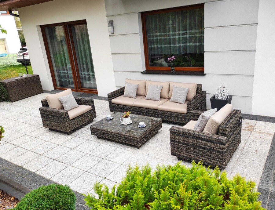 Meble na taras – duża sofa i fotele - CAMPANIA. Zestaw wypoczynkowy na taras z technorattanu