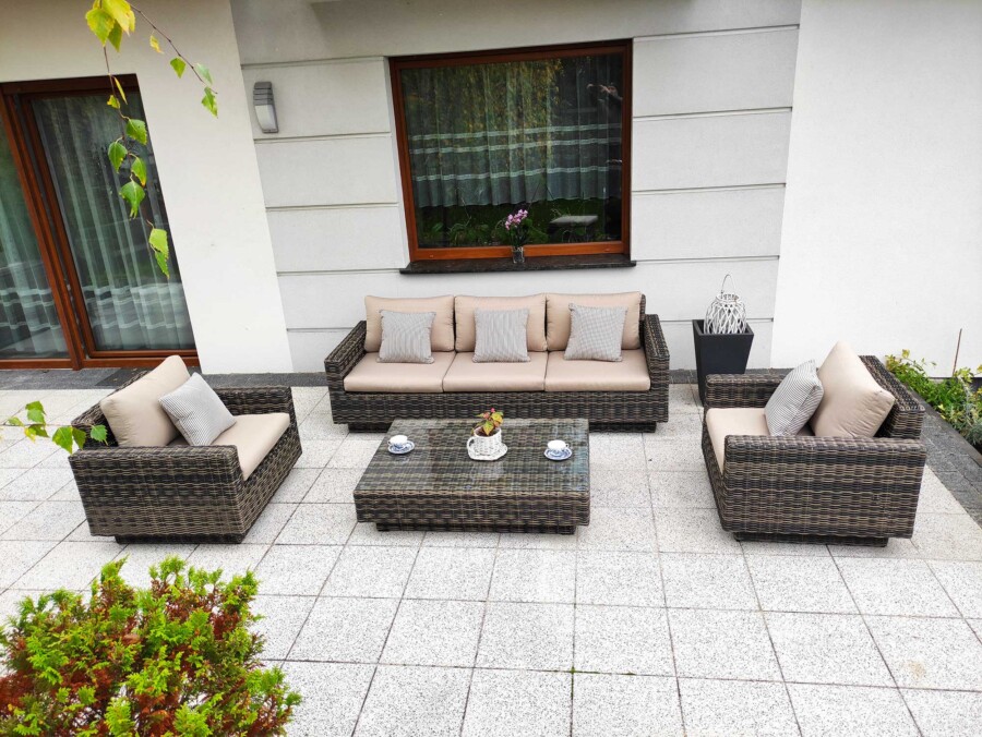 Meble na taras – duża sofa i fotele - CAMPANIA. Zestaw wypoczynkowy na taras z technorattanu