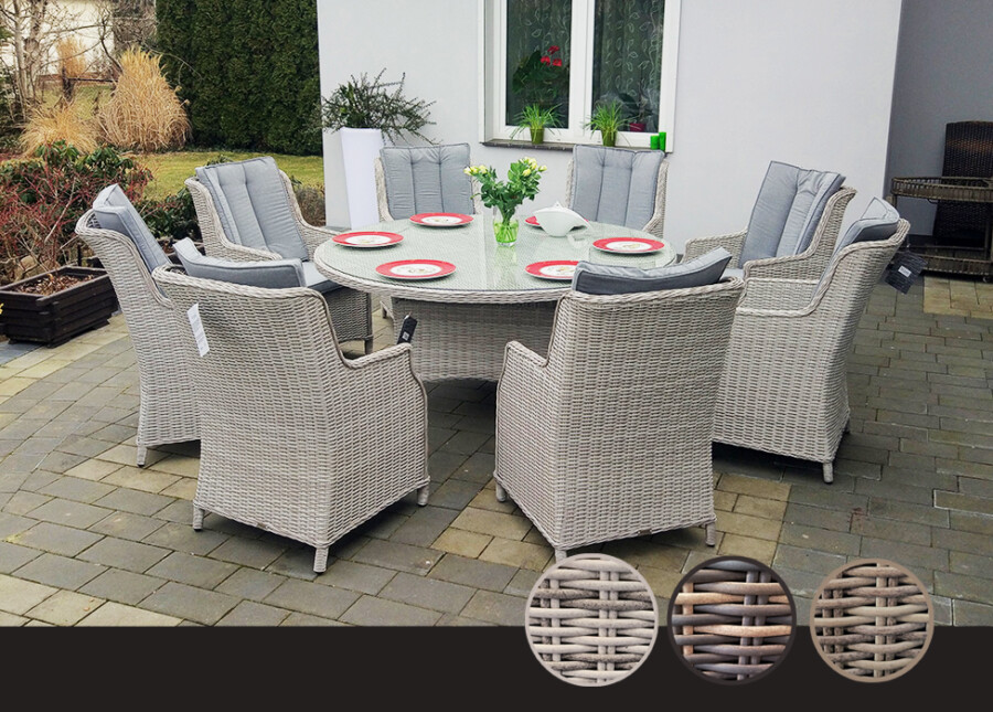 ADRIA S8 Duży Stół Tarasowy Okrągły 160cm i 8x Wygodne Fotele Ogrodowe