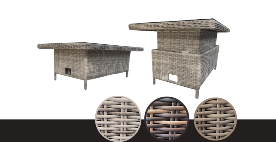 Podnoszony stół LAGOS – technorattan, szkło, regulacja 47–70