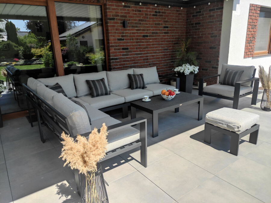 Narożnik tarasowy z aluminium RAGNAR CORNER BIG z fotelem + stolik + podnóżek