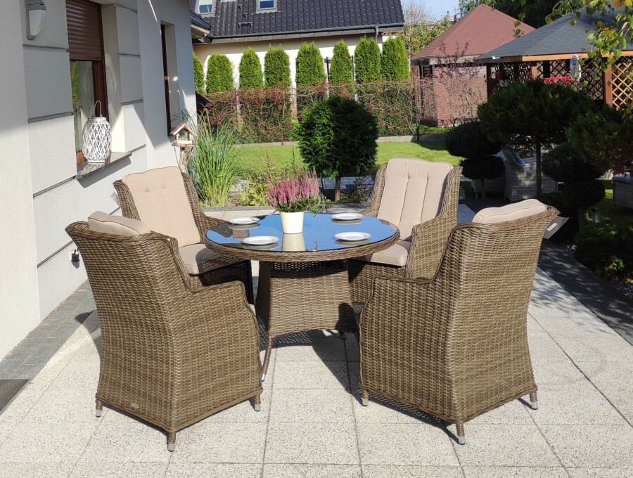 ADRIA S4 110 Mały Okrągły Stół Ogrodowy i 4 fotele z technorattanu