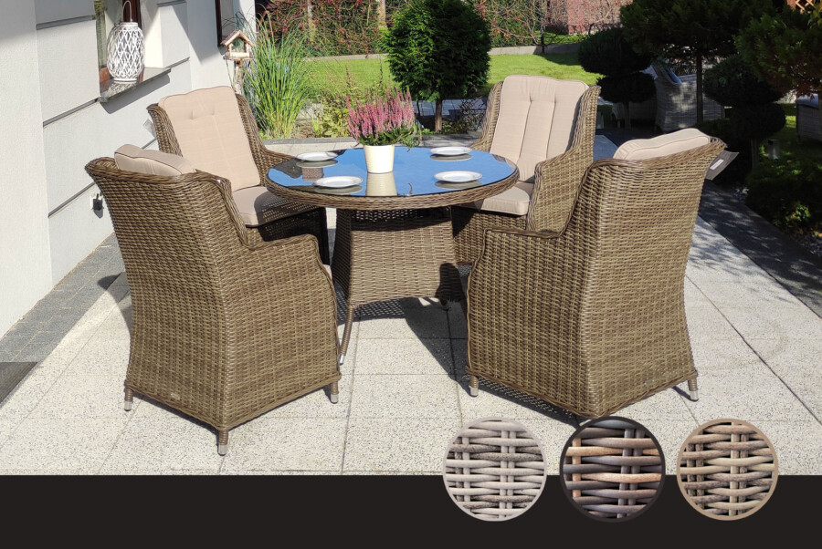 ADRIA S4 110 Mały Okrągły Stół Ogrodowy i 4 fotele z technorattanu