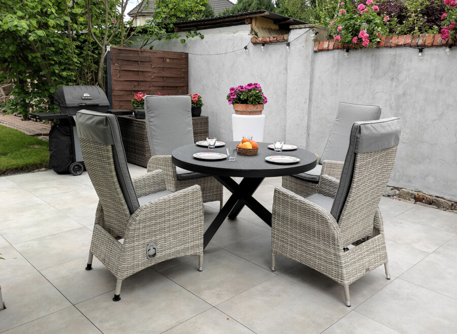Zestaw ogrodowy CAMINA 120 NEAPOL – okrągły stół 120 cm i 4 regulowane fotele