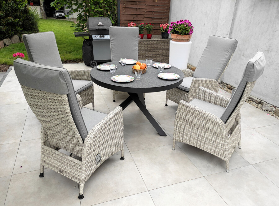 Zestaw ogrodowy CAMINA 120 NEAPOL – okrągły stół 120 cm i 4 regulowane fotele