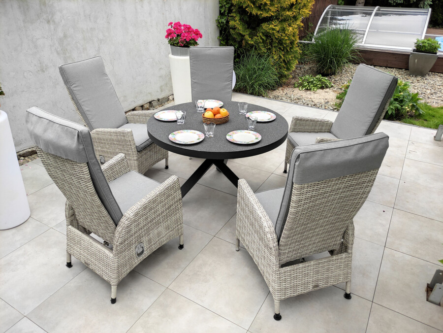 Zestaw ogrodowy CAMINA 120 NEAPOL – okrągły stół 120 cm i 4 regulowane fotele