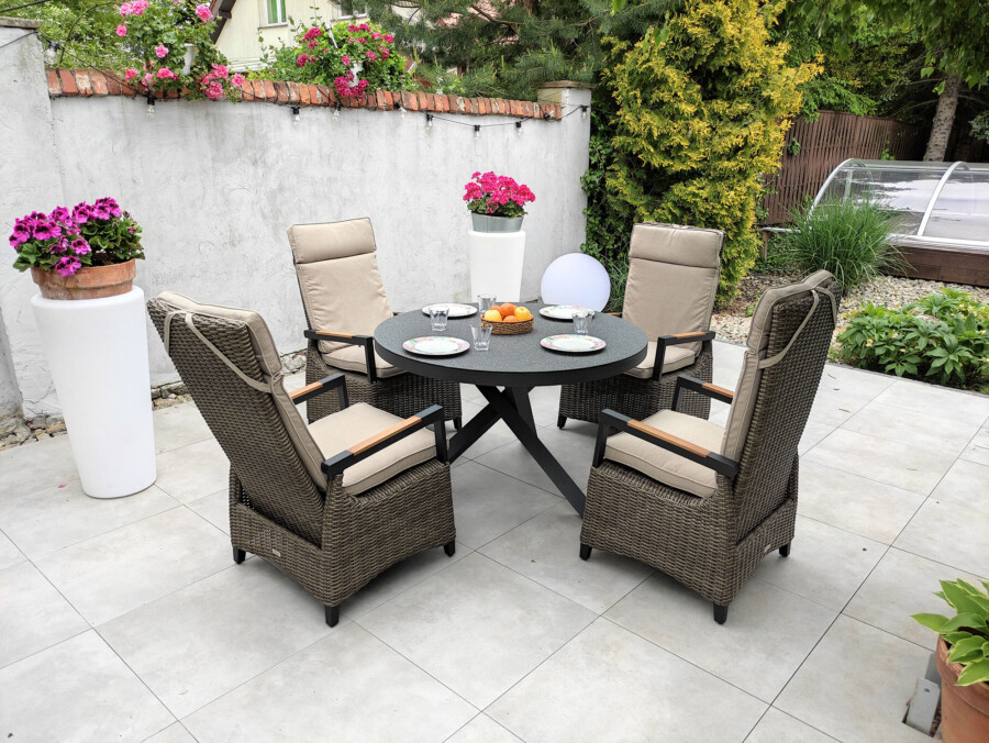 CAMINA 120 TRIVENTO Okrągły Stół Ogrodowy i 4 regulowane fotele