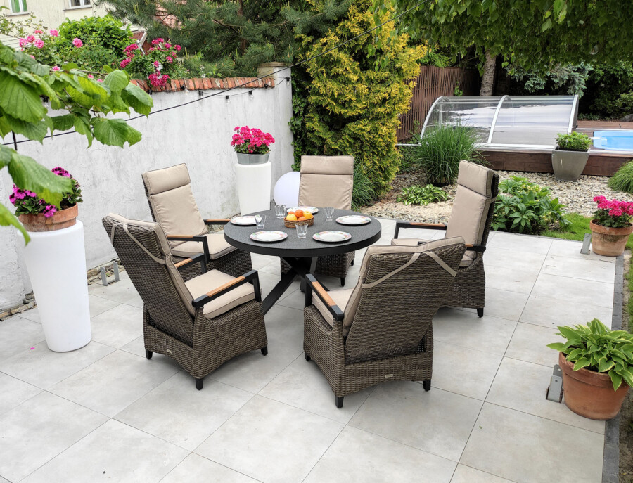 CAMINA 120 TRIVENTO Okrągły Stół Ogrodowy i 4 regulowane fotele