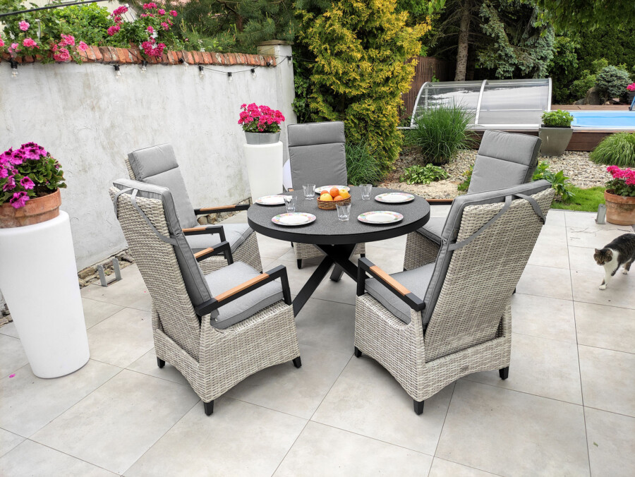 CAMINA 120 TRIVENTO Okrągły Stół Ogrodowy i 4 regulowane fotele