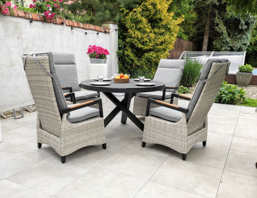 CAMINA 120 TRIVENTO Okrągły Stół Ogrodowy i 4 regulowane fotele