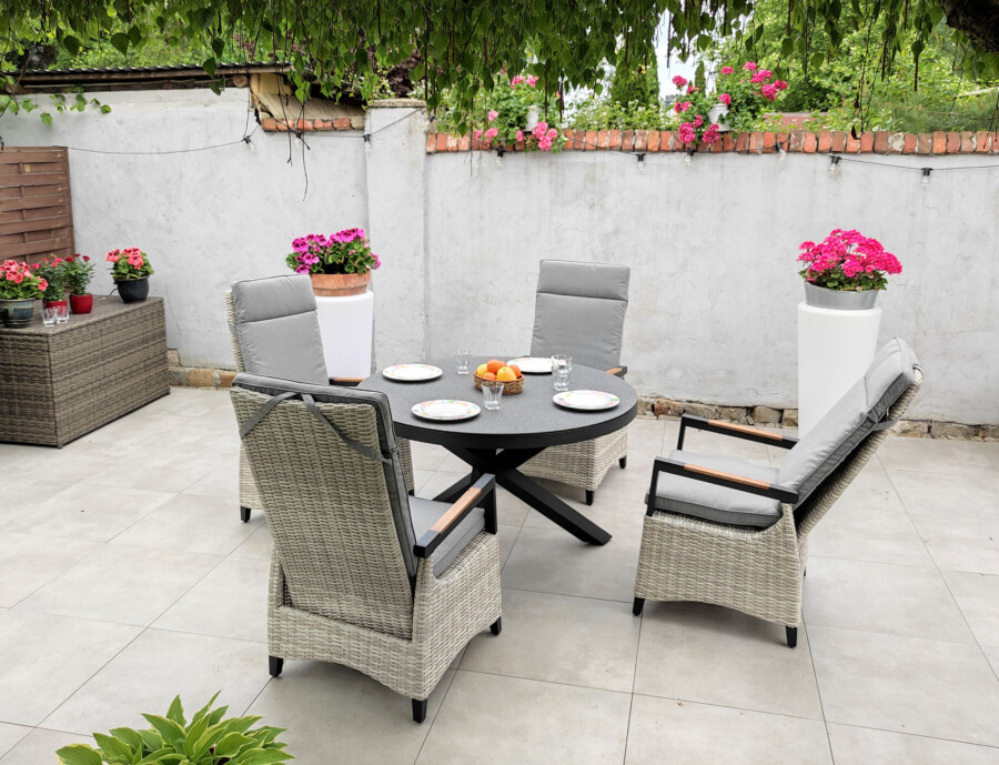 CAMINA 120 TRIVENTO Okrągły Stół Ogrodowy i 4 regulowane fotele