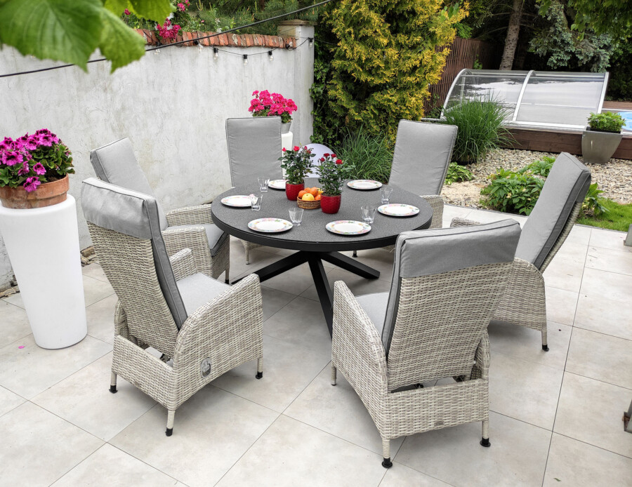 CAMINA 150 NEAPOL Okrągły Stół Ogrodowy i 6 regulowanych foteli