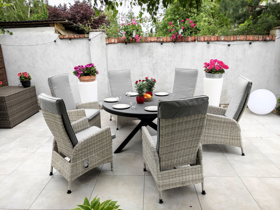 CAMINA 150 NEAPOL Okrągły Stół Ogrodowy i 6 regulowanych foteli