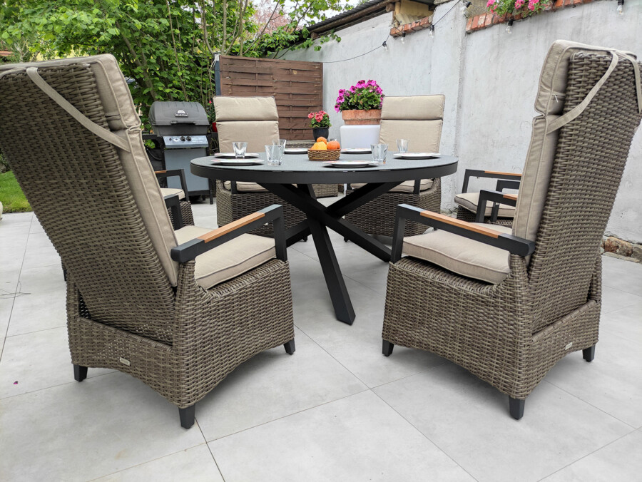 CAMINA 150 TRIVENTO Okrągły Stół Ogrodowy i 6 regulowanych foteli