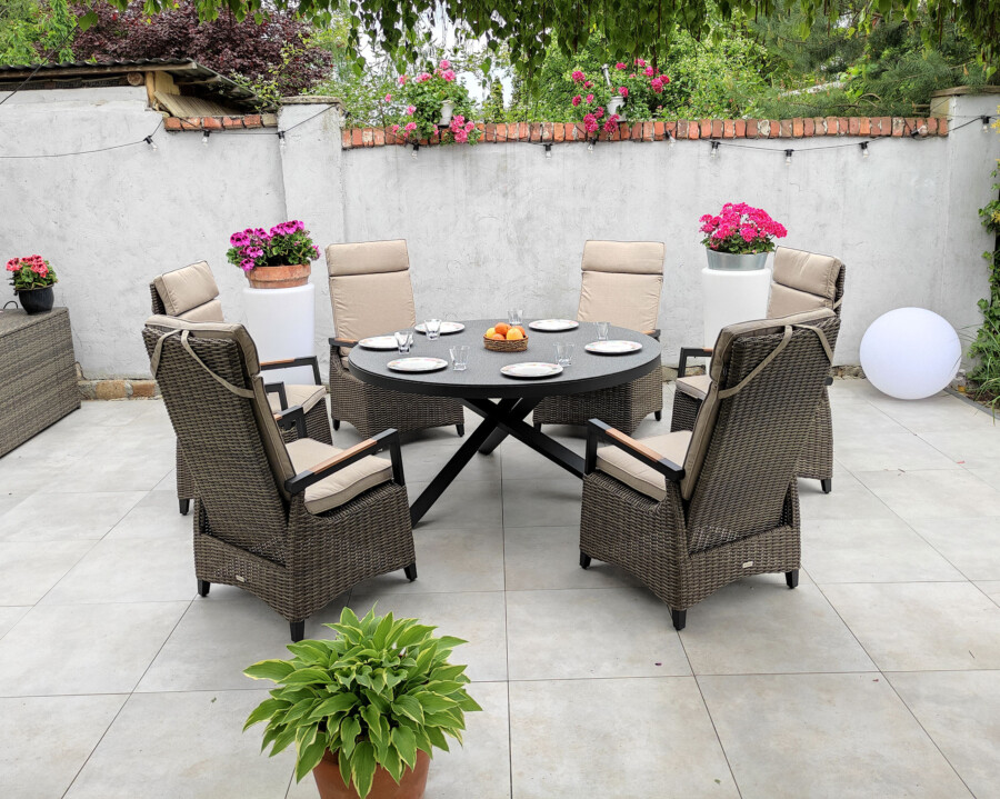 CAMINA 150 TRIVENTO Okrągły Stół Ogrodowy i 6 regulowanych foteli