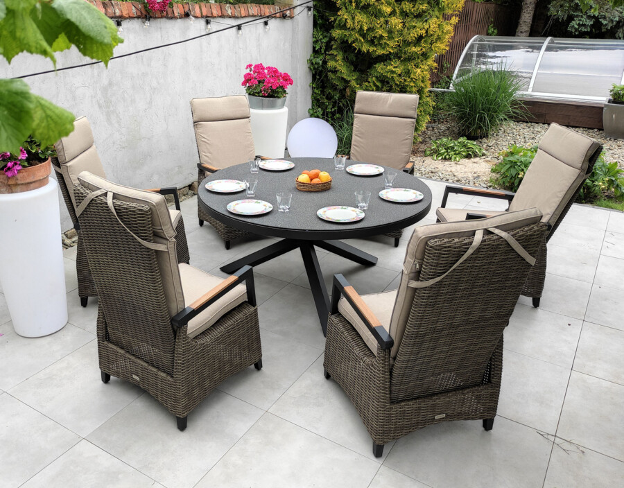 CAMINA 150 TRIVENTO Okrągły Stół Ogrodowy i 6 regulowanych foteli