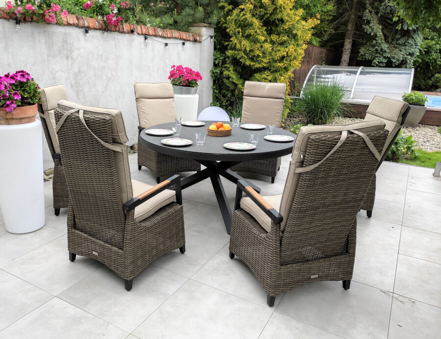 CAMINA 150 TRIVENTO Okrągły Stół Ogrodowy i 6 regulowanych foteli