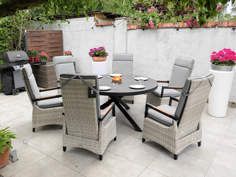 CAMINA 150 TRIVENTO Okrągły Stół Ogrodowy i 6 regulowanych foteli