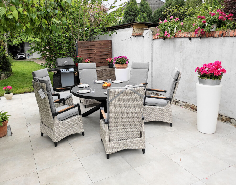 CAMINA 150 TRIVENTO Okrągły Stół Ogrodowy i 6 regulowanych foteli