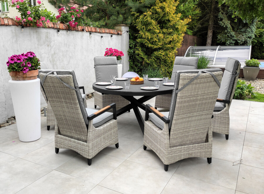 CAMINA 150 TRIVENTO Okrągły Stół Ogrodowy i 6 regulowanych foteli