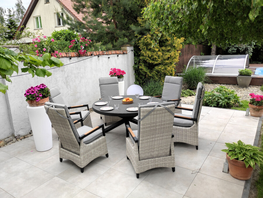 CAMINA 150 TRIVENTO Okrągły Stół Ogrodowy i 6 regulowanych foteli