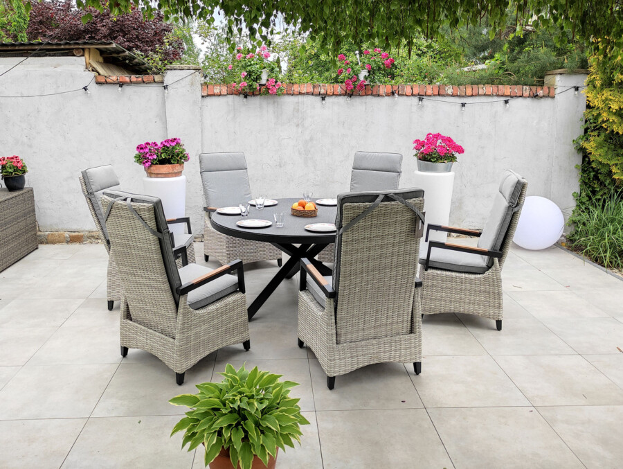 CAMINA 150 TRIVENTO Okrągły Stół Ogrodowy i 6 regulowanych foteli