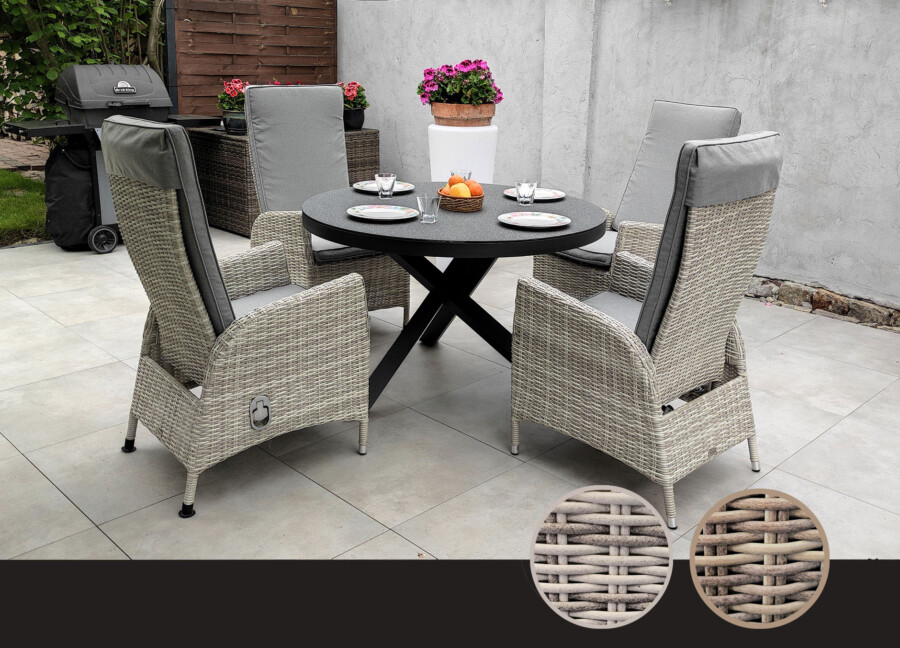 Zestaw ogrodowy CAMINA 120 NEAPOL – okrągły stół 120 cm i 4 regulowane fotele