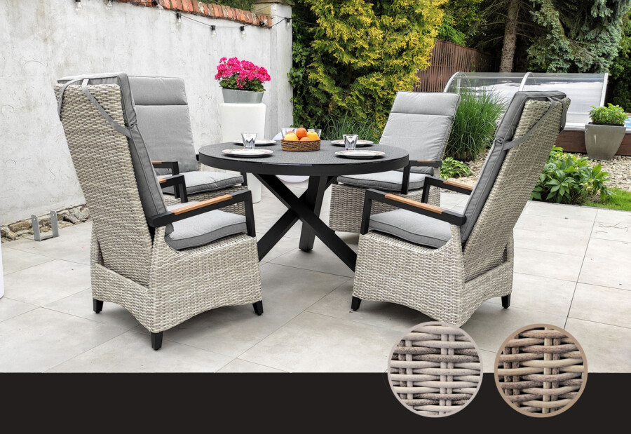 CAMINA 120 TRIVENTO Okrągły Stół Ogrodowy i 4 regulowane fotele