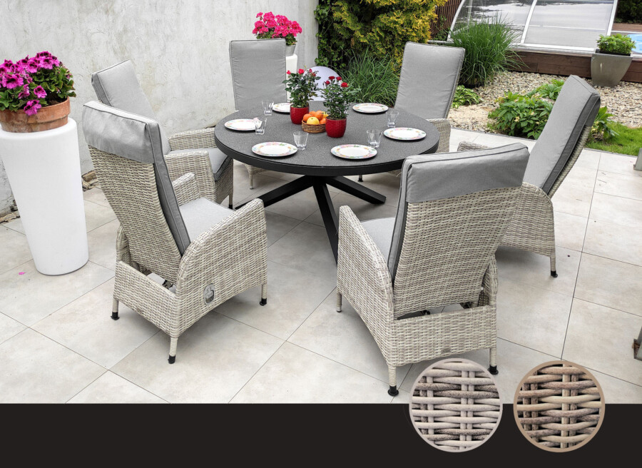 CAMINA 150 NEAPOL Okrągły Stół Ogrodowy i 6 regulowanych foteli