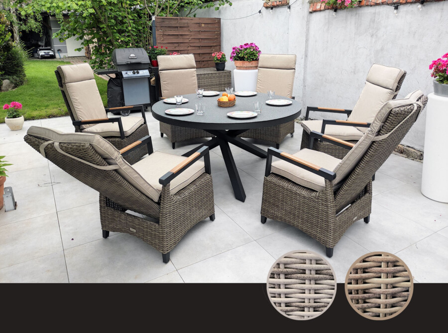 CAMINA 150 TRIVENTO Okrągły Stół Ogrodowy i 6 regulowanych foteli