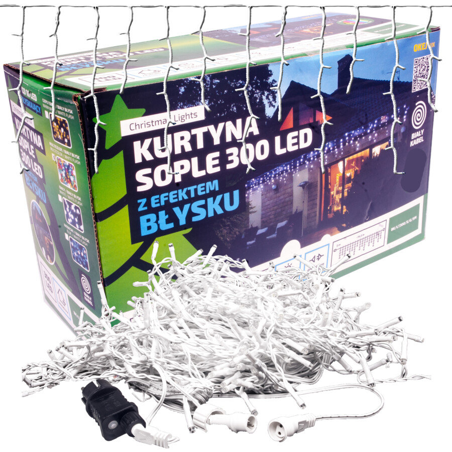 Kurtyna Sople 15m 300 LED + flash. Biały kabel