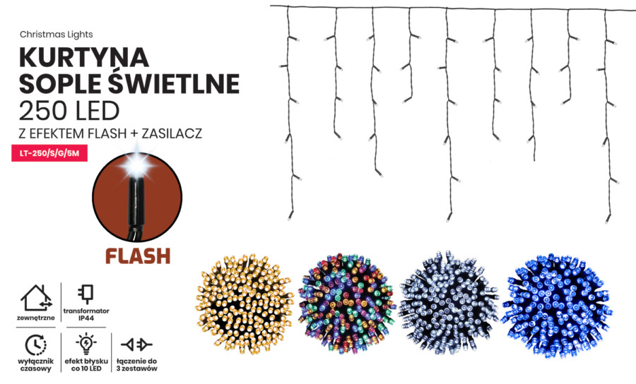 Kurtyna Sople 10m 250 LED z gniazdem + flash (LT-250/S/G/5M)