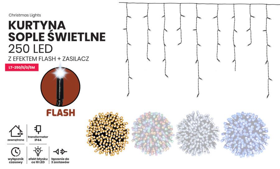 Kurtyna Sople 10m 250 LED z gniazdem + flash (LT-250/S/G/5M)