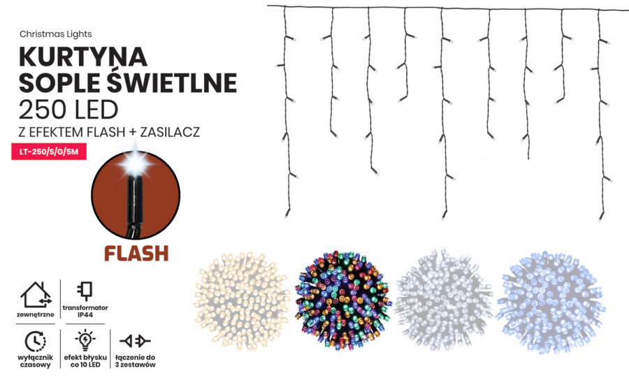 Kurtyna Sople 10m 250 LED z gniazdem + flash (LT-250/S/G/5M)