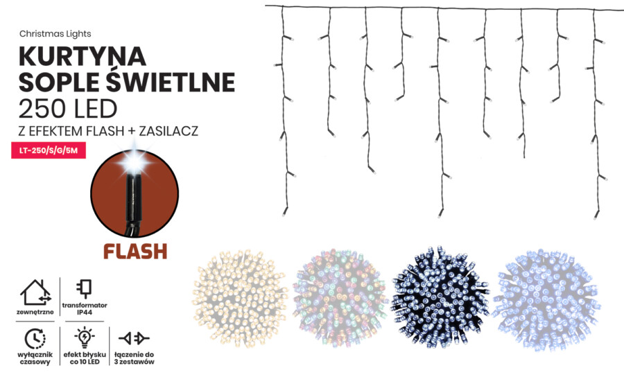 Kurtyna Sople 10m 250 LED z gniazdem + flash (LT-250/S/G/5M)