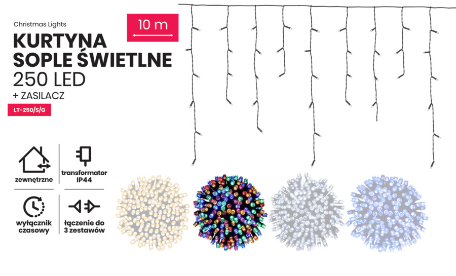 Kurtyna Sople 10m 250 LED z gniazdem (LT-250/S/G)